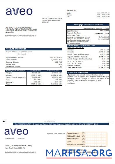 Realistic Australia Aveo bank mortgage statement scr real example